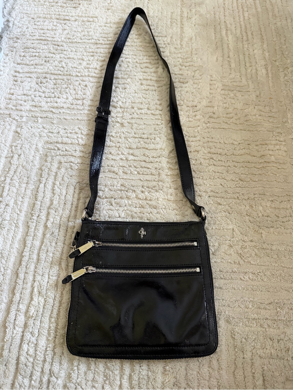 Cole Haan Black Patent Leather Crossbody Bag Multi Zip Pocket Purse